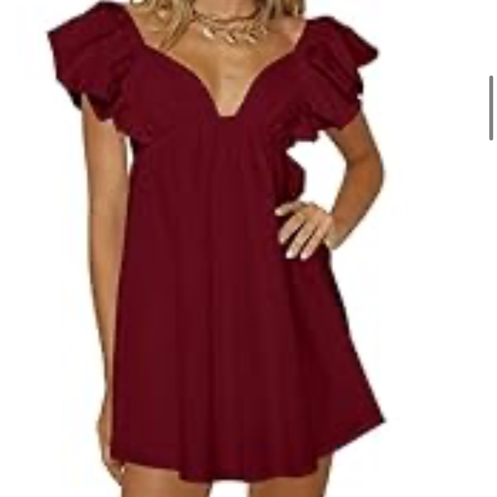 Red Wine Puff sleeve V neck Mini dress